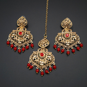 Monl- Red/Gold Diamante Earring Tikka Set - Gold