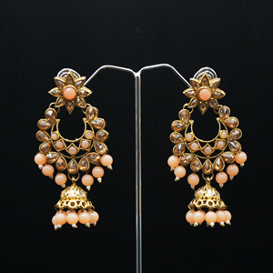 Misri - Gold Kundan  & Light Peach Beads Earrings - Antique Gold