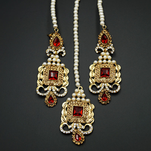 Riddhi - Red/ Gold -White Diamante Necklace Set - Gold