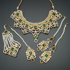 Shashi - Green/ Gold -White Diamante Necklace Set - Gold