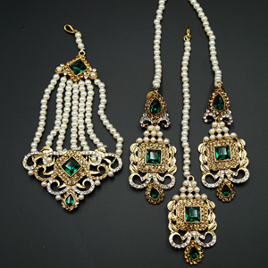 Shashi - Green/ Gold -White Diamante Necklace Set - Gold
