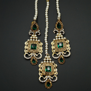 Ridhi - Green/ Gold -White Diamante Necklace Set - Gold