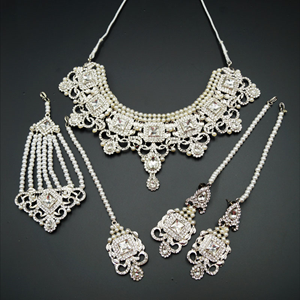 Shashi- White Diamante Necklace Set - Silver