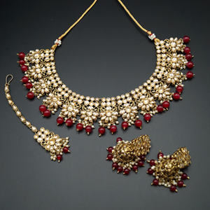 Faiha Gold Kundan/Dark Pink Beads Necklace Set - Antique Gold