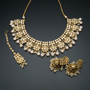 Faiha Gold Kundan/Light Peach Beads Necklace Set - Antique Gold