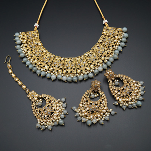 Maanvi Gold Diamante/Grey Beads Necklace Set - Antique Gold