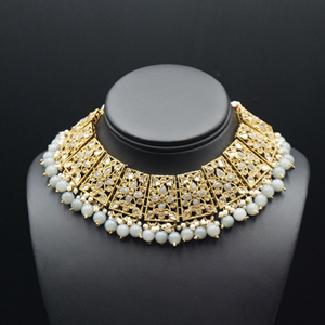 Maanvi Gold Diamante/Grey Beads Necklace Set - Antique Gold
