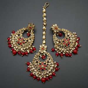 Maanvi Gold Diamante/Red Beads Necklace Set - Antique Gold