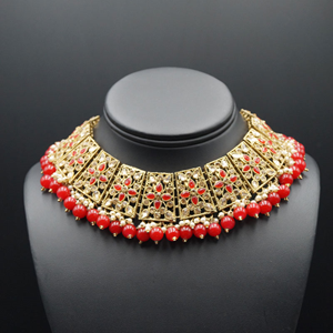 Maanvi Gold Diamante/Red Beads Necklace Set - Antique Gold