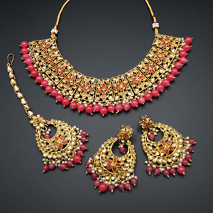 Maanvi Gold Diamante/Coral Beads Necklace Set - Antique Gold