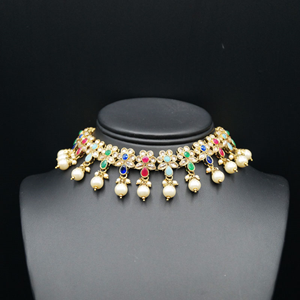 Faiza - Multicolour Choker Necklace Set - Antique Gold