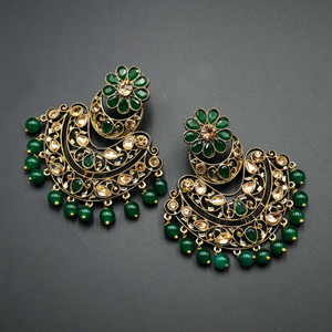 Nari - Green & Gold Kundan Stone Earrings - Antique Gold