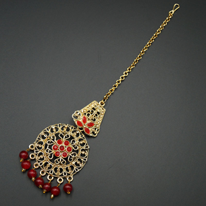 Eni - Dark Pink & Gold Diamante Tikka - Antique Gold