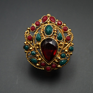 Pia - Red & Green Diamante Stone Ring - Antique Gold