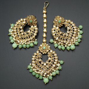 Lara Gold Kundan/Mint Beads Necklace Set - Antique Gold