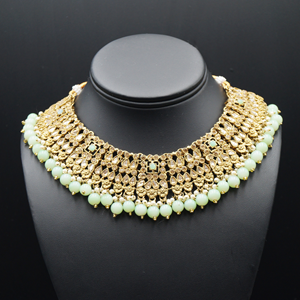 Lara Gold Kundan/Mint Beads Necklace Set - Antique Gold