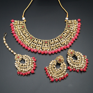 Lara Gold Kundan/Coral Beads Necklace Set - Antique Gold