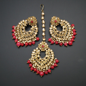 Lara Gold Kundan/Coral Beads Necklace Set - Antique Gold