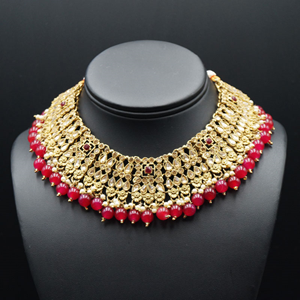 Lara Gold Kundan/Ruby Beads Necklace Set - Antique Gold