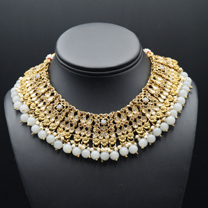 Lara Gold Kundan/Grey Beads Necklace Set - Antique Gold