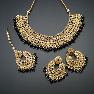 Lara Gold Kundan/Black Beads Necklace Set - Antique Gold