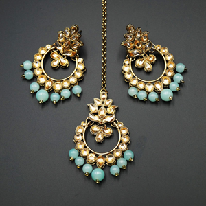 Jami Gold Kundan/Sky Blue Beads Necklace Set - Antique Gold