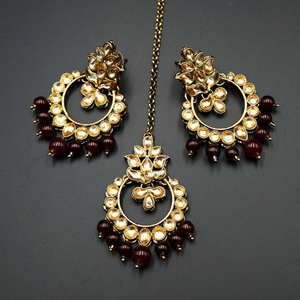 Jami Gold Kundan/Maroon Beads Necklace Set - Antique Gold