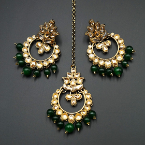 Jami Gold Kundan/Green Beads Necklace Set - Antique Gold