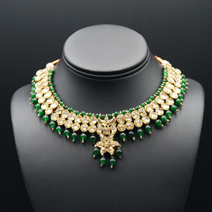 Jami Gold Kundan/Green Beads Necklace Set - Antique Gold