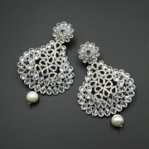 Veda White Polki Stone Earrings - Silver