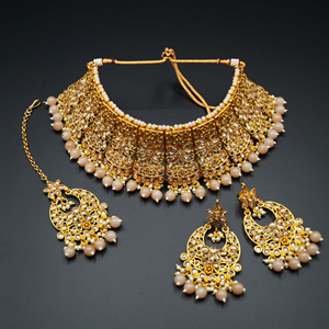 Saee Gold Polki Stone/Nude Beads Choker Necklace Set - Gold