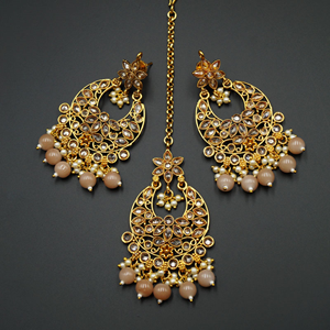 Saee Gold Polki Stone/Nude Beads Choker Necklace Set - Gold
