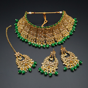 Saee Gold Polki Stone/Green Beads Choker Necklace Set - Gold