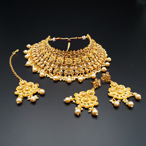 Meka Gold Polki Stone Choker Necklace Set - Gold