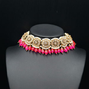 Rali Gold Polki Stone/Hot Pink Beads Choker Necklace Set - Antique Gold