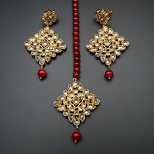 Icha Gold Polki Stone/Maroon Beads Choker Necklace Set - Antique Gold