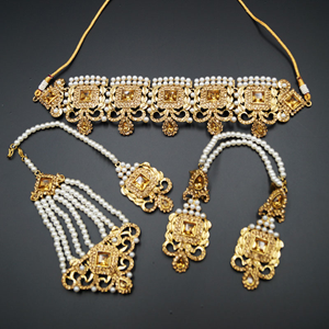 Tanv Gold Diamante Choker Necklace Set - Antique Gold