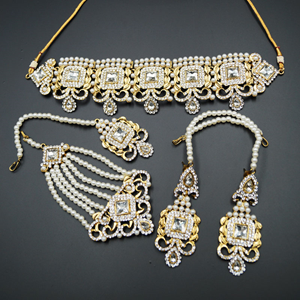 Tanv White Diamante Choker Necklace Set - Antique Gold