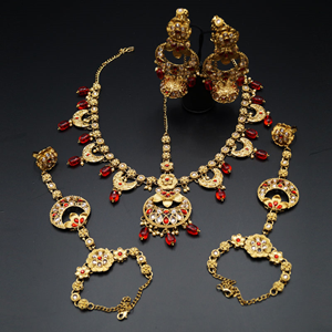 Dina Gold/Red Polki Stone Bridal Set - Gold