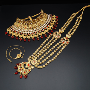 Dina Gold/Red Polki Stone Bridal Set - Gold