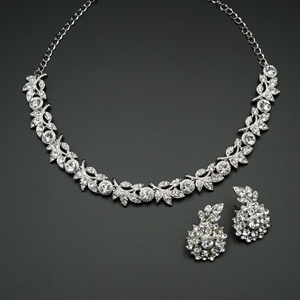 Chala White Diamante Necklace Set - Silver