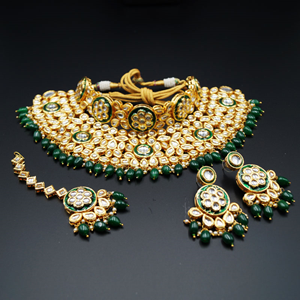 Raen White Kundan/Green Beads Choker Necklace Set - Gold