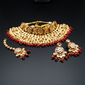 Raen White Kundan/Ruby Beads Choker Necklace Set - Gold