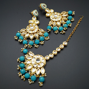 Nama  White Kundan/Turquoise Beads Choker Necklace Set - Gold