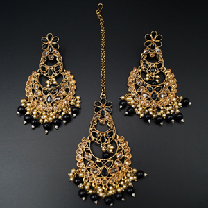 Rensi- Black/Gold Polki Earring Tikka Set - Antique Gold