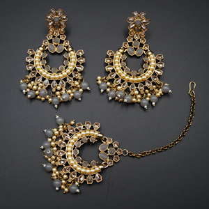 Alka- Grey/Gold Polki Earring Tikka Set - Antique Gold