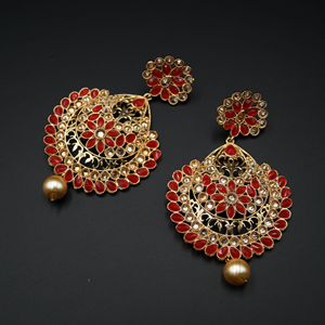 Vams - Red & Gold Stone Earrings - Gold