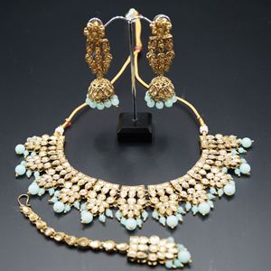 Chameli Gold Kundan/ Sky Blue Beads Necklace Set - Antique Gold