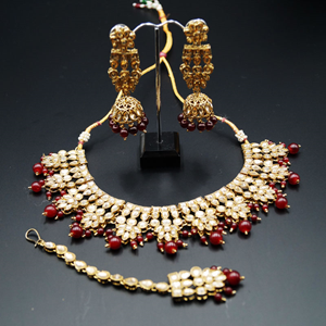 Chameli Gold Kundan/Maroon Beads Necklace Set - Antique Gold