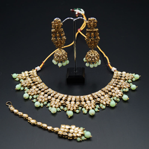 Chameli Gold Kundan/ Pista Beads Necklace Set - Antique Gold